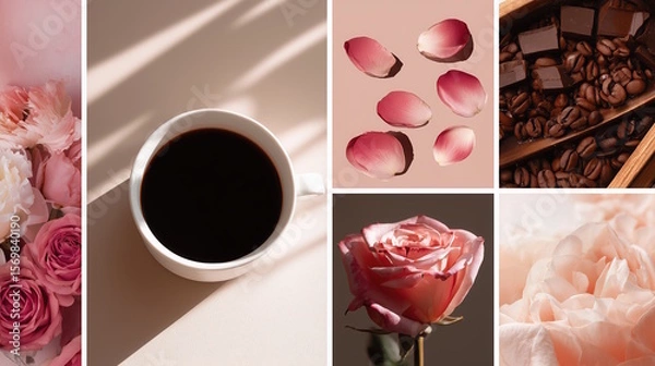 Fototapeta Collage of elements creating a cozy atmosphere: coffee, roses, chocolate, and petals.