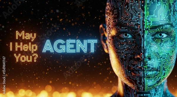 Fototapeta Artificial intelligence agent with circuitry face and helpful question