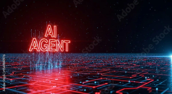 Fototapeta Glowing ai agent text on a futuristic circuit board