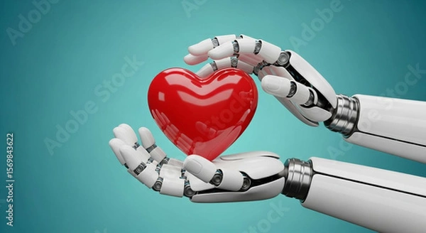 Fototapeta Robotic hands gently holding a shiny red heart symbol