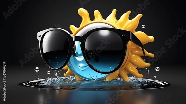 Obraz stylized sun character wearing sunglasses in water against a black background
