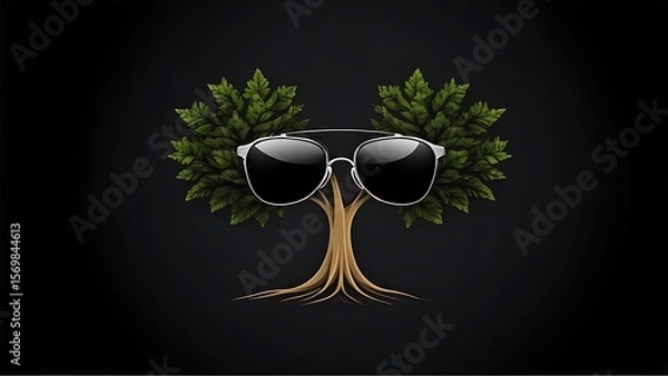 Obraz Glasses on a tree with leaves on a black background creating a whimsical and surreal composition