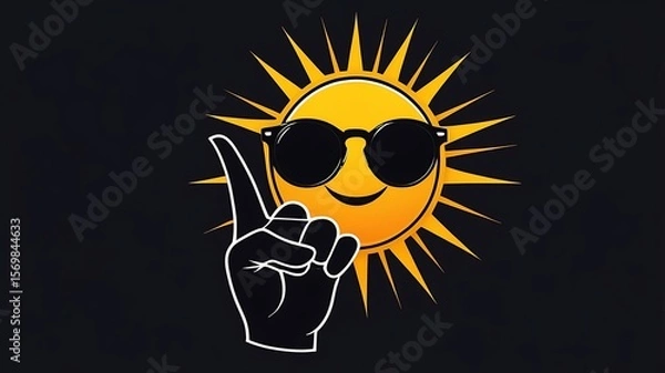 Obraz cartoon sun wearing sunglasses with a hand pointing upwards on a dark background