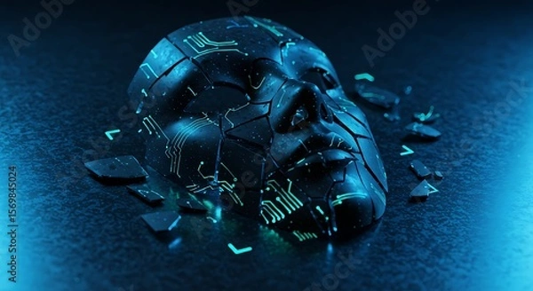 Fototapeta Fractured digital mask revealing biometric scan lines on chrome surface for deepfake detection concept
