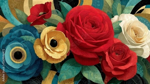 Fototapeta Vivid floral arrangement with large red and white roses, striking blue and golden-yellow blooms, green leaves, and abstract mosaic background in teal, gold, and black tones.
