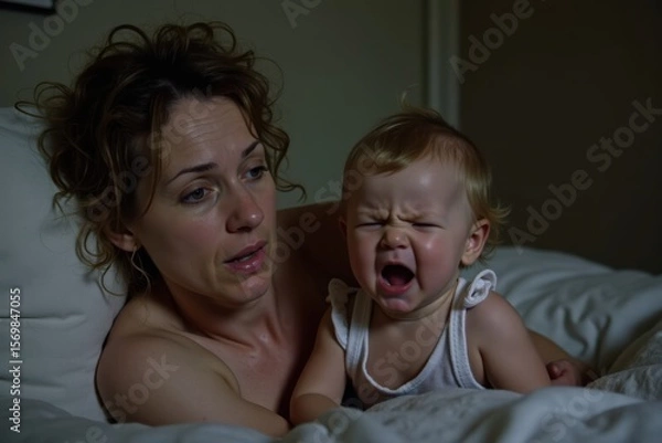Fototapeta A tired white mother with messy hair looks sad and defeated as her child cries and fusses nearby. They are in a small bedroom with soft, muted lighting