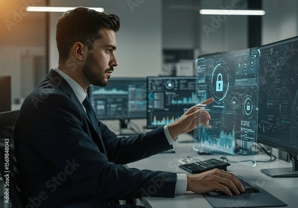 Fototapeta Data security expert works with a digital interface securing company information on multiple computer screens in the office.