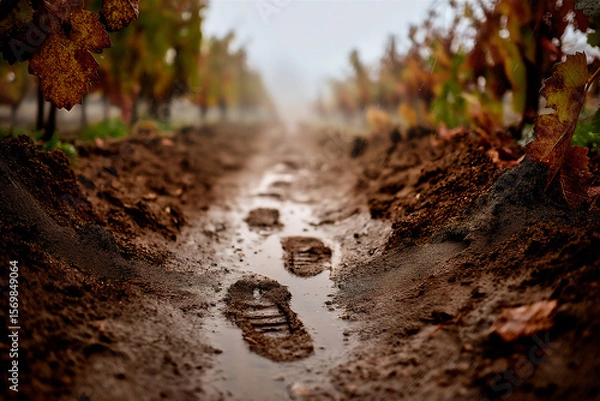 Fototapeta Footprints in Dusty Vineyard Soil