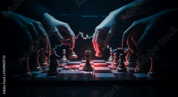 Fototapeta Invisible hands moving chess pieces on glowing stock ticker board for insider trading metaphor