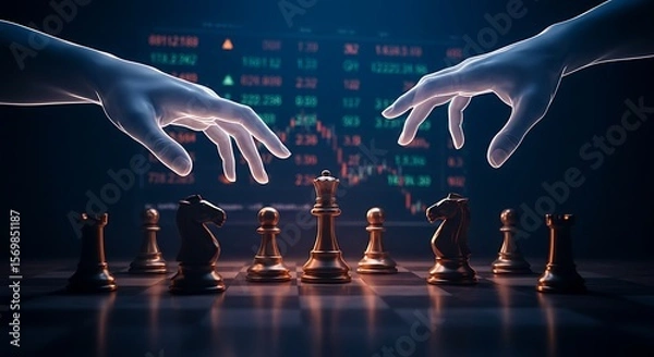 Fototapeta Invisible hands moving chess pieces on glowing stock ticker board for insider trading metaphor