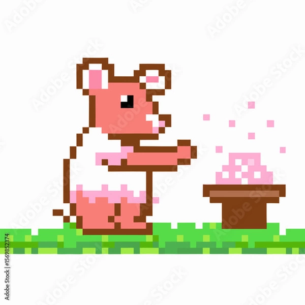 Fototapeta Pixel art pink mouse character eating food cute retro video game animal with pixelated meal on grass platform background