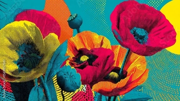 Fototapeta Vibrant cluster of colorful poppy-like flowers in pop-art style with bold outlines, striking palette, and dynamic composition on lively patterned backdrop.