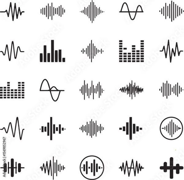 Obraz Collection of Black Sound Wave and Audio Equalizer Icons