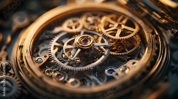 Fototapeta An exquisitely detailed macro photograph showcases the intricate inner workings of a vintage gold watch with gears and jewels, revealing precision and timeless design.