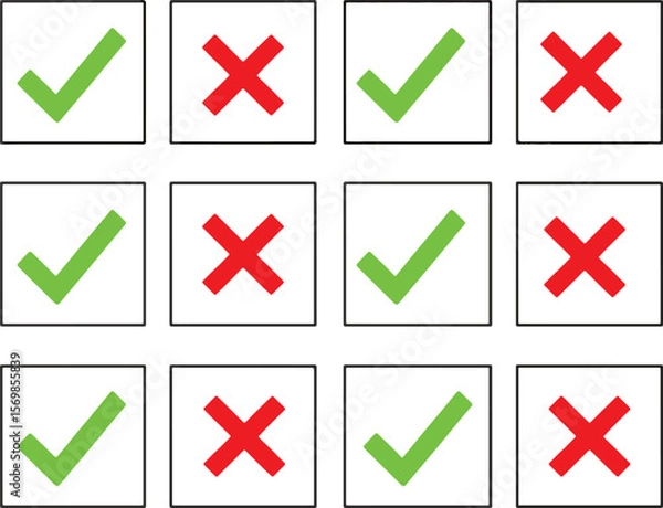 Obraz Checkbox Set with Green Ticks and Red Crosses for Surveys and Tests