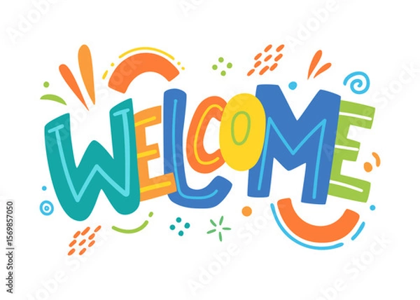 Fototapeta Playful and colorful Welcome hand-lettered text with decorative elements