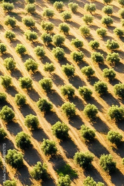 Fototapeta Aerial View Olive Grove Rows Sunlight Patterned Field