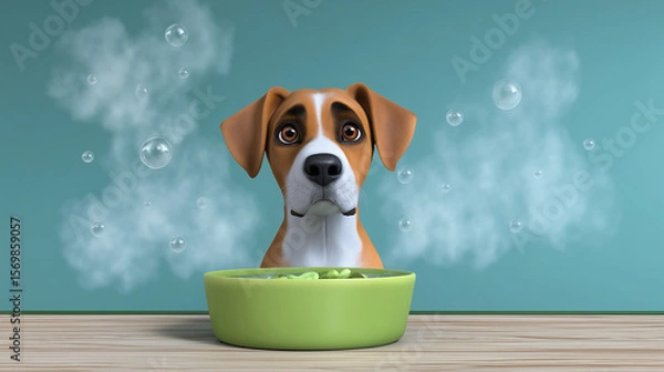 Fototapeta Dog Eagerly Enjoying Food From Green Bowl on Wooden Surface With Steam Rising in Inviting Kitchen Atmosphere