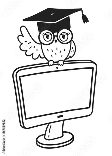 Fototapeta Vector minimal line art isolated illustration of an owl in graduation cap sitting on a computer screen in black and white.