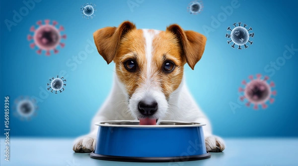 Fototapeta Dog Happily Enjoying Meal From Bowl in Healthy Environment With Floating Illustrations of Germs
