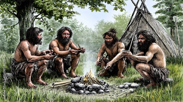 Fototapeta Gathering Around the Fire, Early Humans Exchange Stories and Food in a Prehistoric Market Setting
