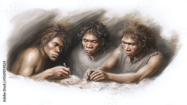 Fototapeta Ancient Humans Creating Animal Drawings on Cave Walls During Prehistoric Times