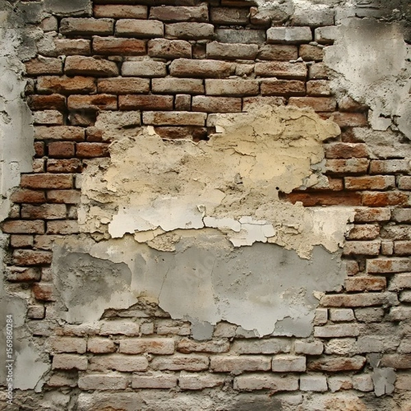 Fototapeta Aged brick wall with peeling plaster and weathered texture