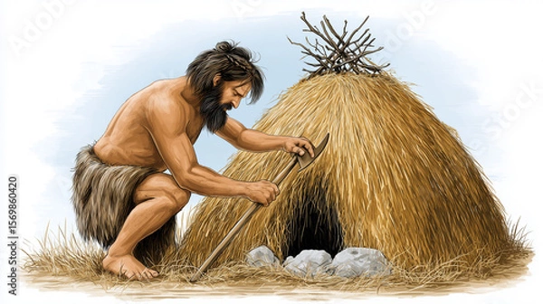 Fototapeta Man Constructs a Traditional Hut Using Branches and Straw in a Primitive Environment
