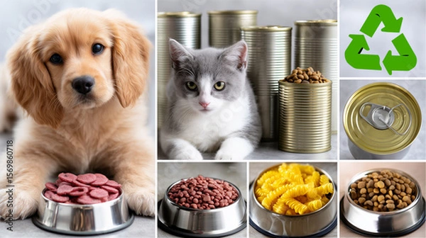 Fototapeta Variety of Pet Food Products Displayed in Cans and Bags With Dog and Cat Enjoying Nutritious Meals at Home