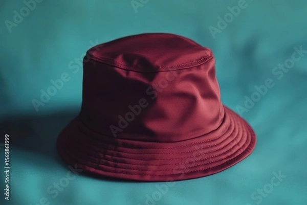 Fototapeta Deep maroon bucket hat on a teal background.