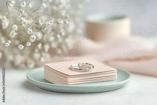 Fototapeta Delicate wedding rings rest on a stack of cards.