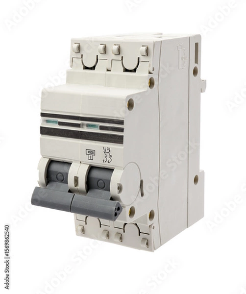 Fototapeta Electrical switch component isolated on white background, designed for home safety.