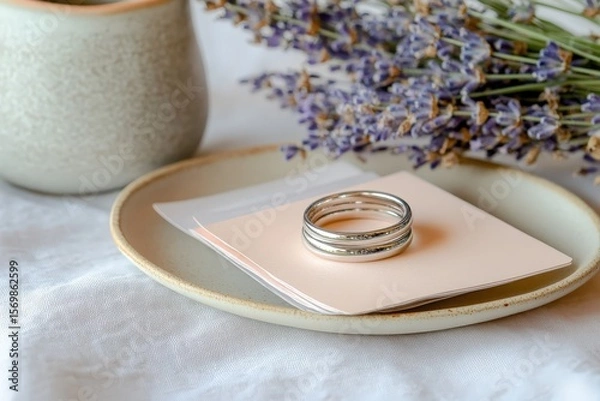Fototapeta Delicate stacking ring on a light peach card.