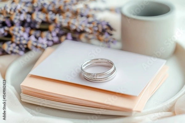 Fototapeta Delicate wedding rings rest on a stack of cards.