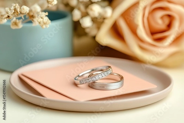 Fototapeta Two wedding rings rest on a peach-colored card.