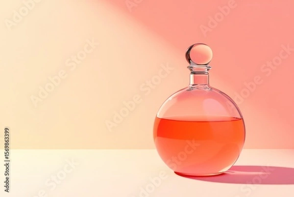 Fototapeta Round glass bottle with orange liquid on a pale background.