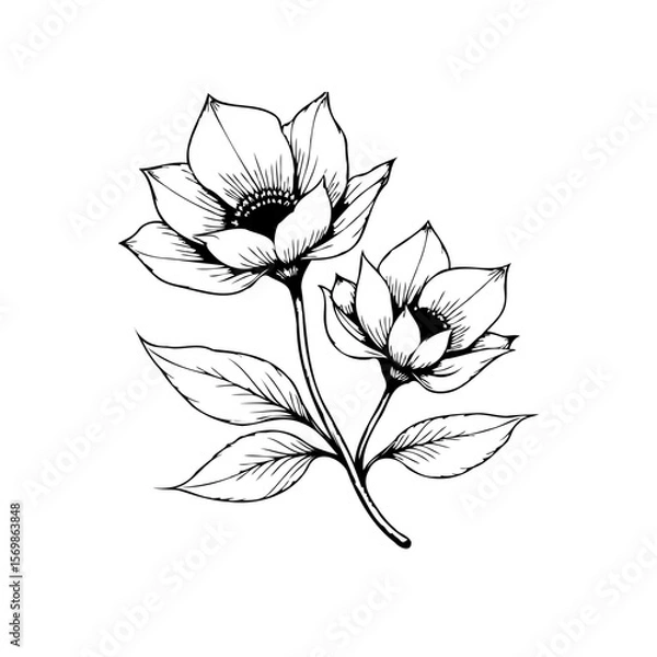 Fototapeta Elegant floral illustration of two blooming flowers with intricate details perfect for spring designs