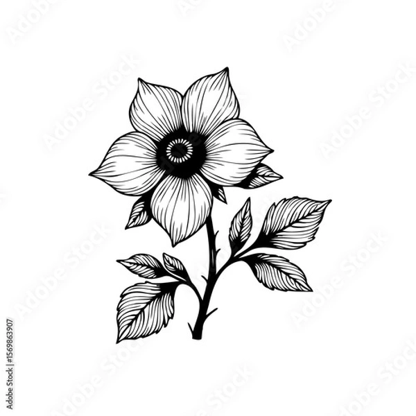 Fototapeta Detailed botanical illustration: exquisite monochrome floral drawing showcasing delicate petals and intricate leaf venation for timeless elegance, art, and nature