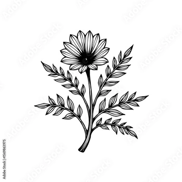 Fototapeta Elegant hand drawn daisy flower illustration with detailed leaves providing a botanical touch adding natural charm