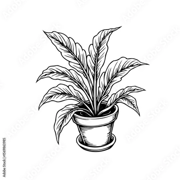 Fototapeta Elegant botanical illustration of a potted peace lily with meticulously drawn foliage and pot showcasing plant art