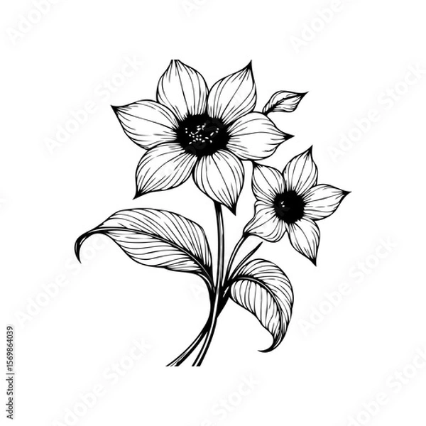 Fototapeta Elegant floral arrangement featuring delicate line art with blooming petals and leaves creating timeless charm and beauty