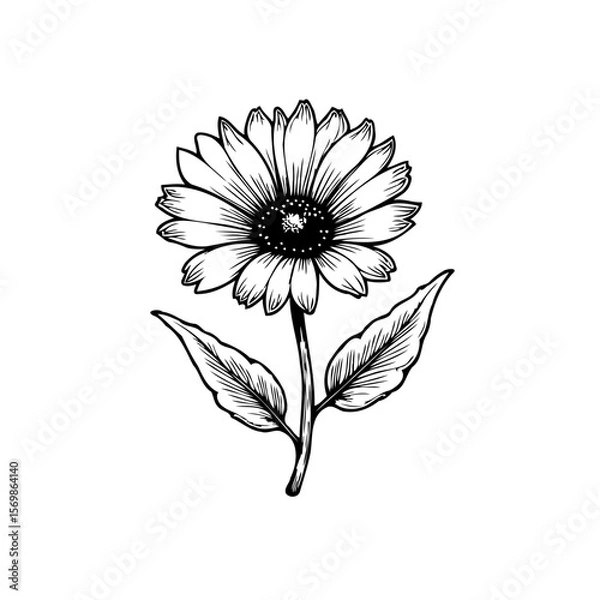 Fototapeta Detailed monochrome botanical illustration showcasing a single sunflower with intricate line art on a white backdrop