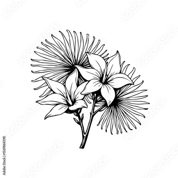 Fototapeta Elegant hand drawn tropical flowers and palm leaves vector illustration with white background perfect for design projects