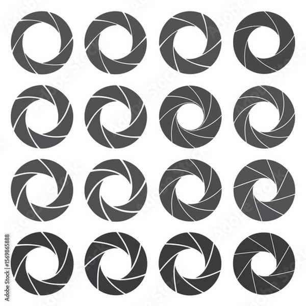 Fototapeta Collection of sixteen circular camera aperture icons with overlapping blades