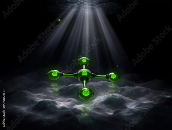 Fototapeta Glowing Render of a PFAS Molecule Illuminated in a Dark, Misty Environment With Beams of Light Highlighting Its Structure