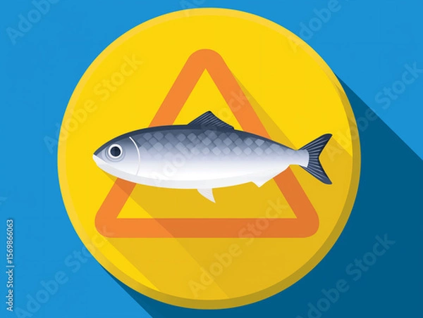 Fototapeta Fish Icon Representing Chemical Poisoning With Caution Symbol on a Bright Blue Background