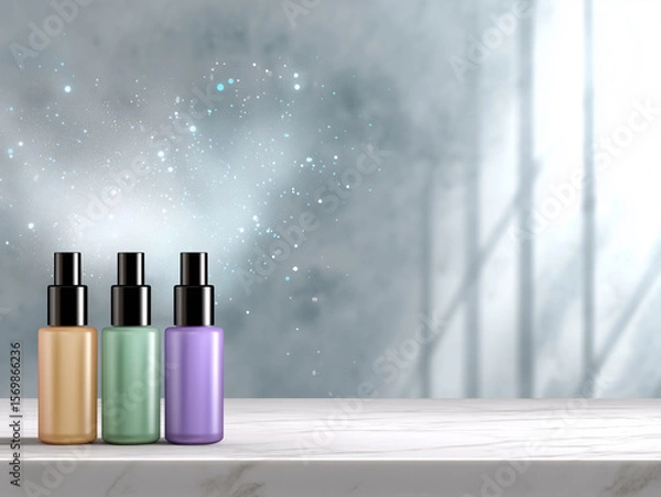 Fototapeta Open Cosmetic Bottles Displayed on a Countertop With a Soft, Dreamy Background Effect Showcasing Vibrant Hues of Glass