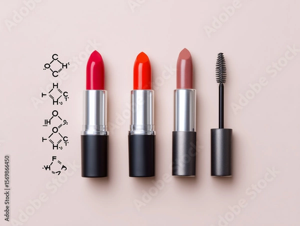 Fototapeta Display of Vibrant Lipstick Shades and Mascara on a Soft Pastel Background Showcasing Beauty Products