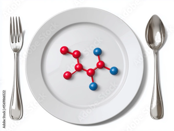 Fototapeta Illustration of an Empty Plate Featuring a Molecular Model Represented by Colored Balls Indicating Chemical Structure