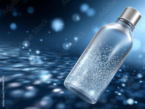 Fototapeta Transparent Plastic Bottle Surrounded by Shimmering Bubbles in an Abstract Background With Blue and Silver Tones